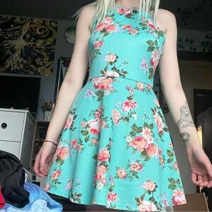 No Boundaries Blue Graphic Floral Halter A-Line Midi Dress